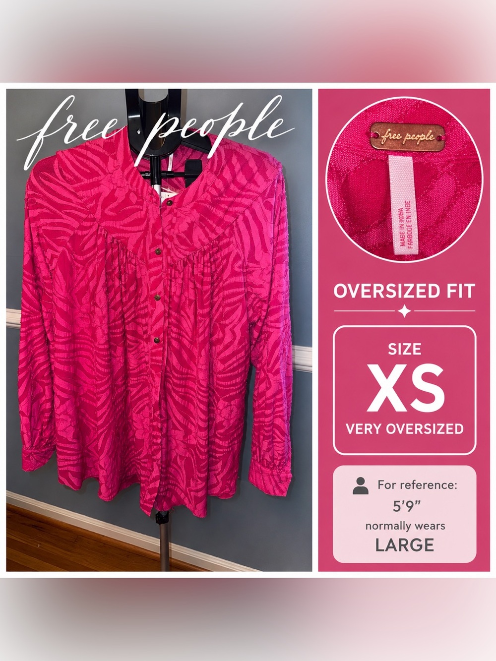 Free People NWT Pink Jacquard Oversized Boho Tunic Blouse/ an oversized XS 🩷